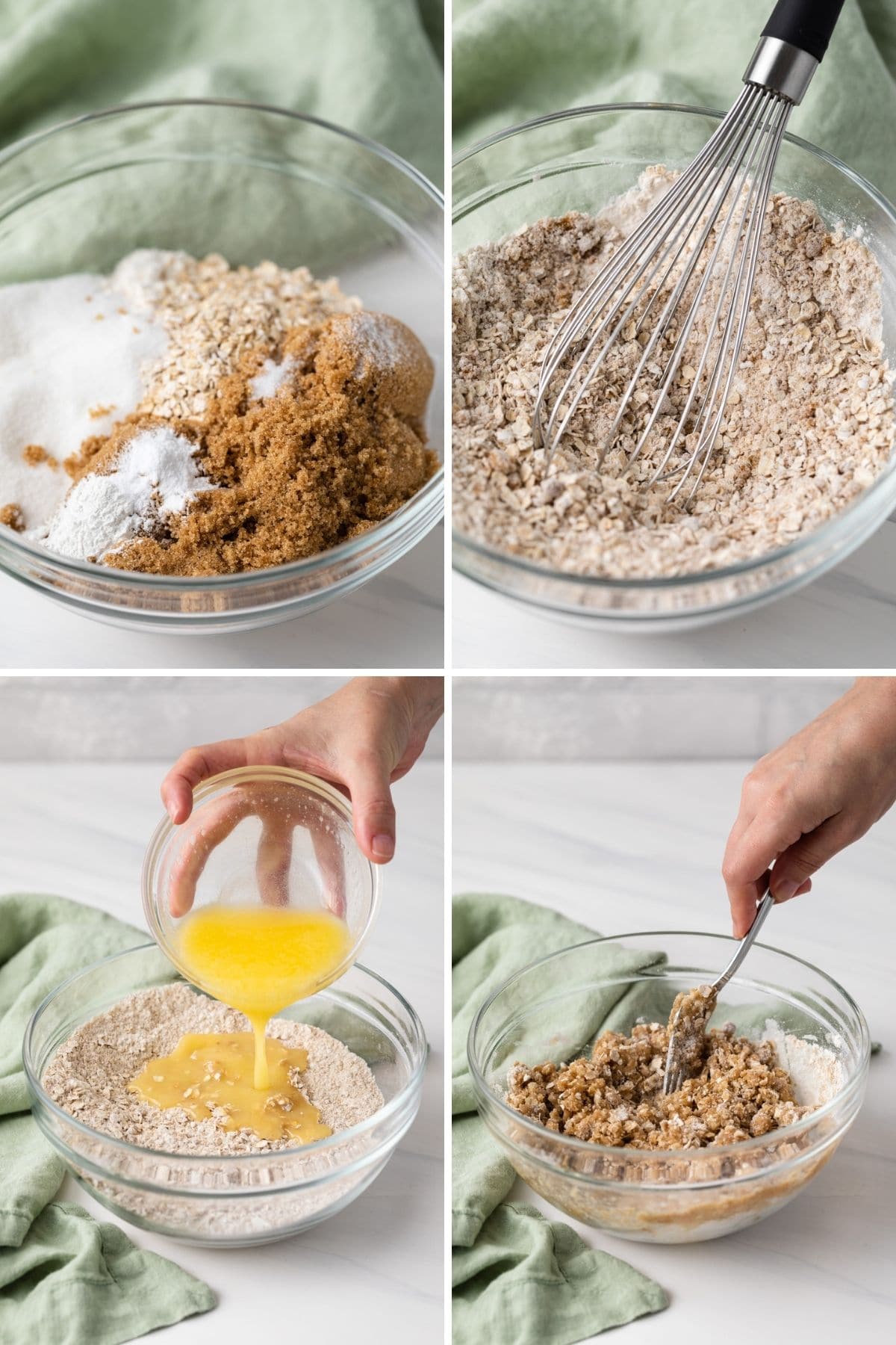 dry ingredients in glass bowl, dry ingredients whisked together, butter poured into dry ingredients, and tossing it all together with a fork