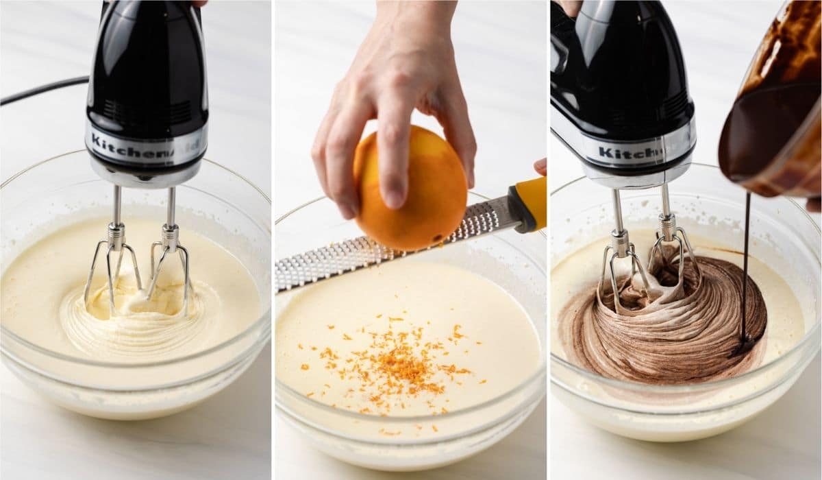 mixer whipping eggs and sugar, grating orange zest into whipped egg mixture, and mixing chocolate into whipped egg mixture