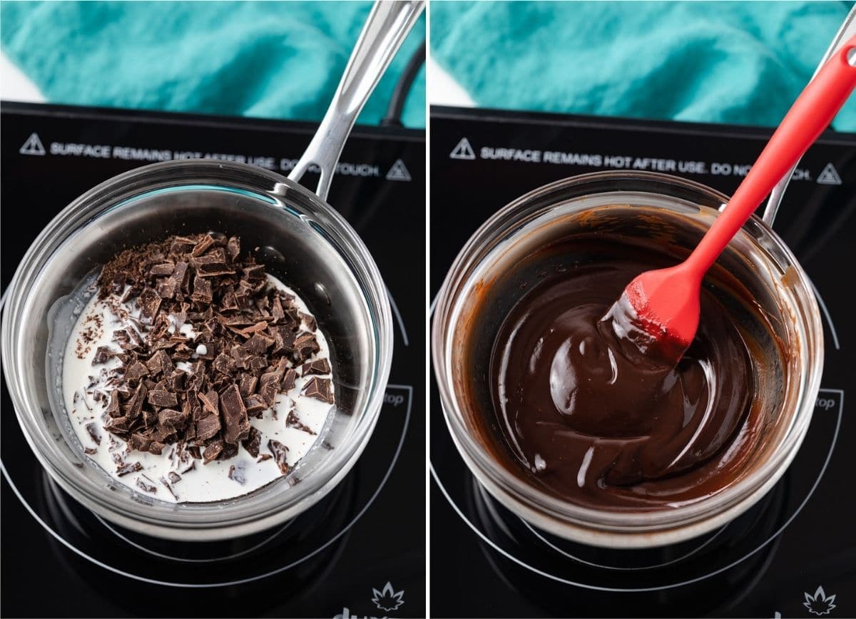 chopped chocolate and cream in glass bowl over pot on a burner next to melty chocolate ganache in glass bowl