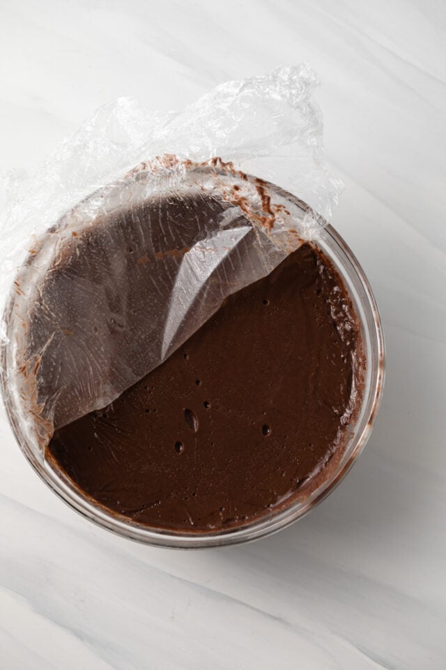 Chocolate pudding in a glass bowl.