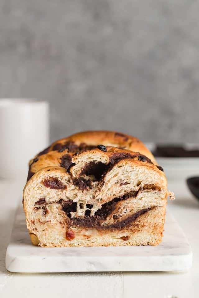 front view of chocolate swirl bread with cherries