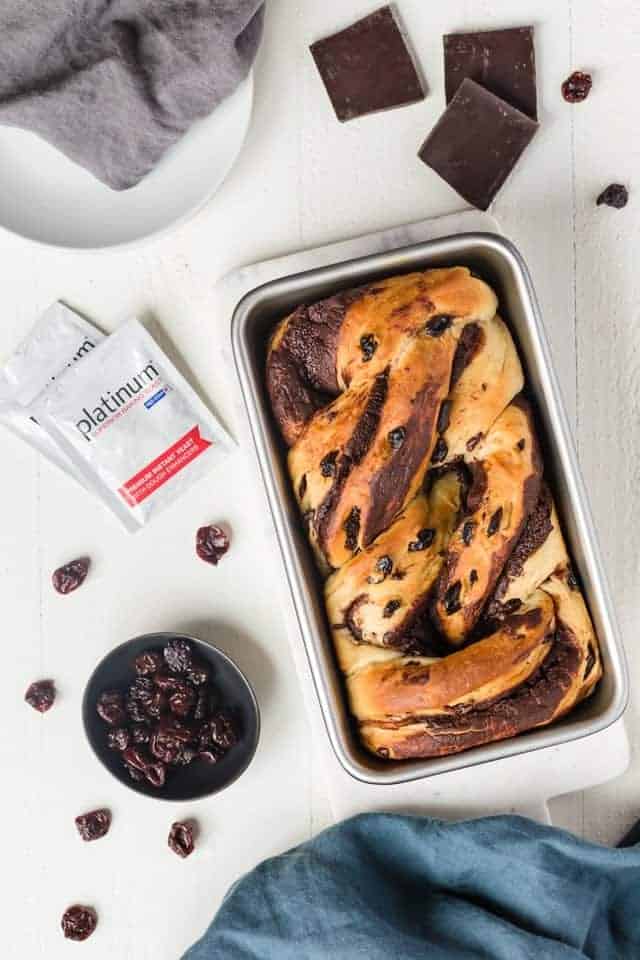 overhead view of Chocolate Swirl Bread with Red Star Yeast