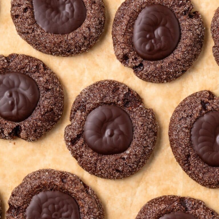 Overhead of chocolate thumbprint cookies.