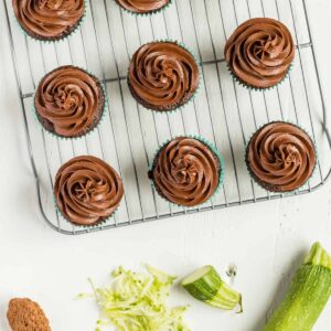 Overhead view of Chocolate Zucchini Cupcakes on a wire cooling rack.