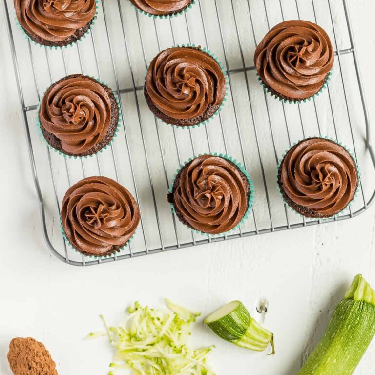 Overhead view of Chocolate Zucchini Cupcakes on a wire cooling rack.