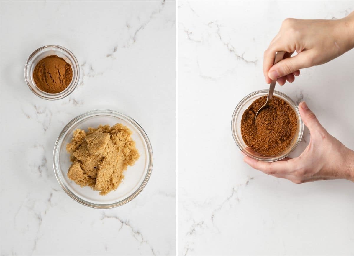cinnamon and brown sugar in separate bowls next to bowl of the two being mixed together