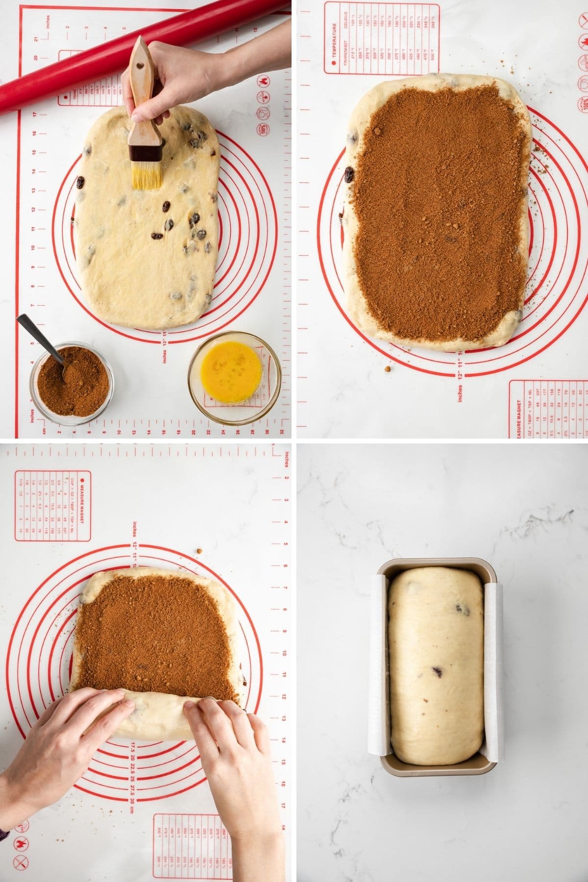dough rolled into a rectangle being brushed with egg, cinnamon sugar mixture spread over dough, hand rolling dough into loaf shape, and an unbaked loaf in bread bread