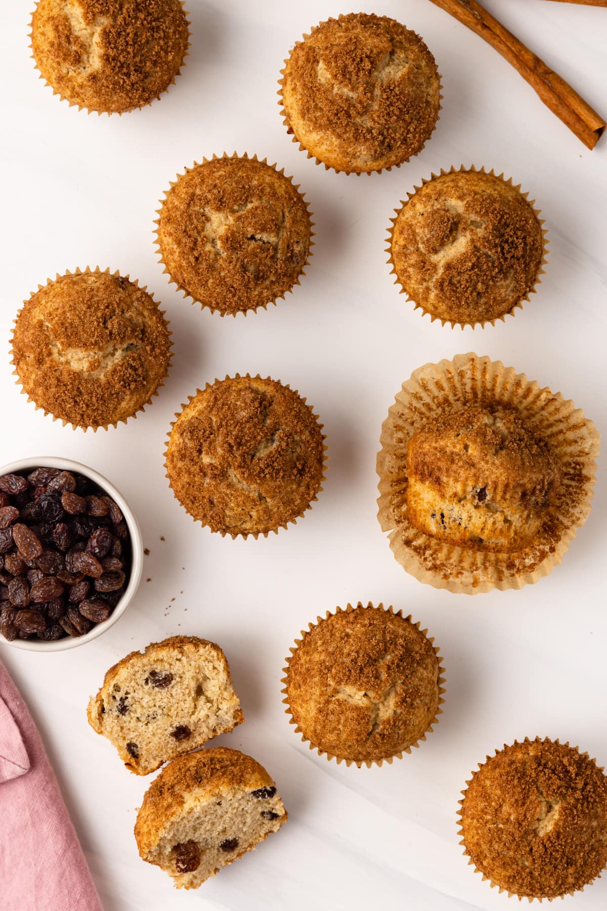 Overhead of cinnamon raisin muffins.
