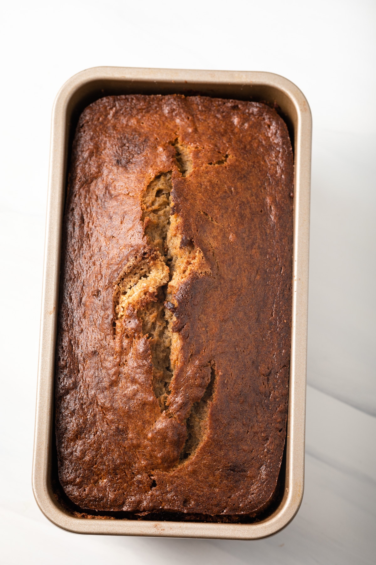 Banana bread in a loaf pan.