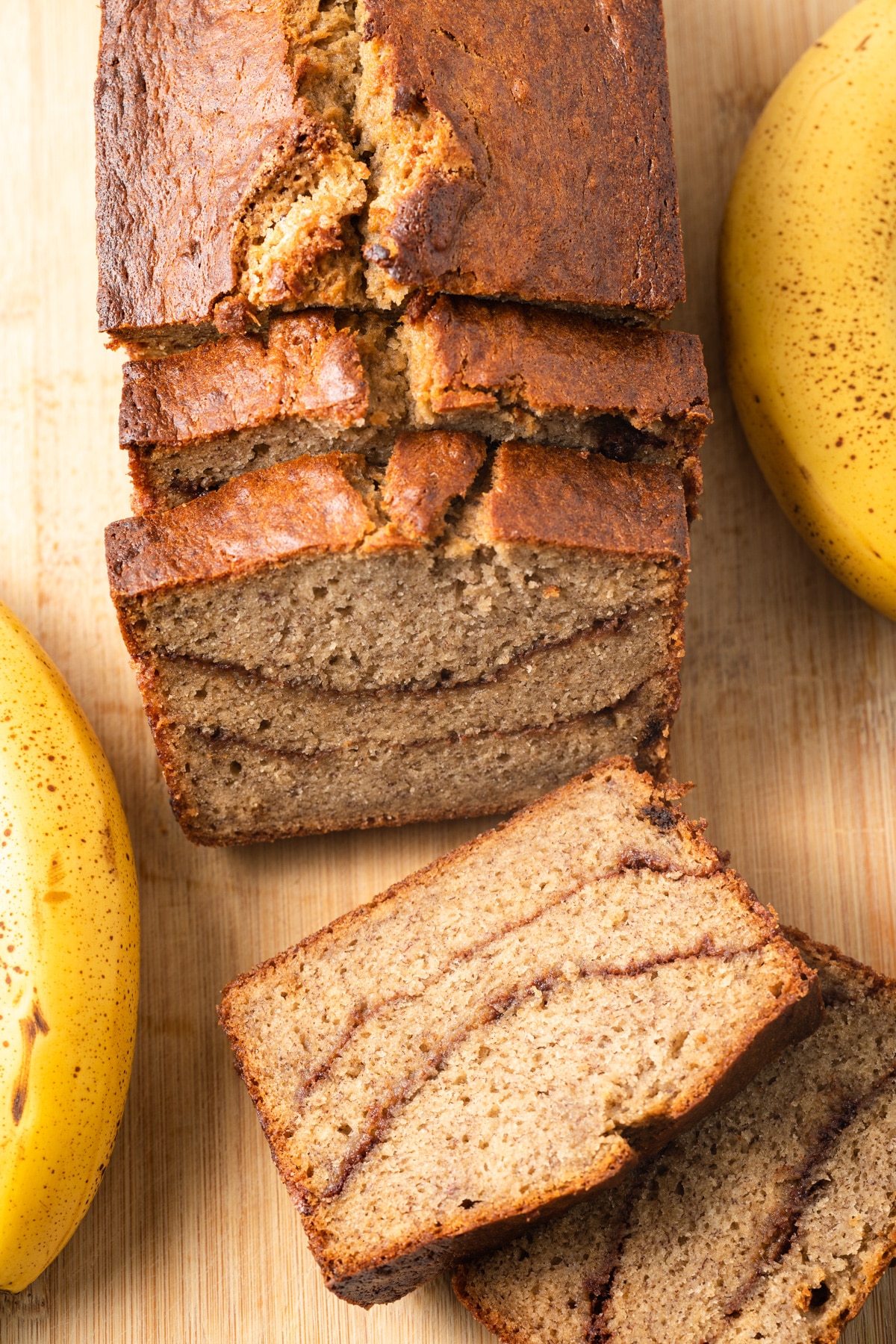 Overhead of cinnamon swirl banana bread.