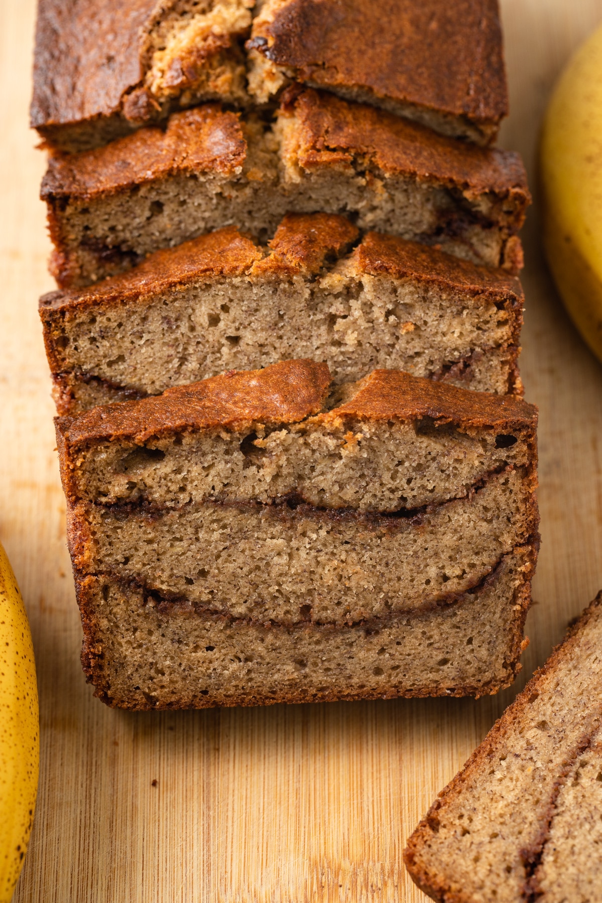 Sliced cinnamon swirl banana bread.
