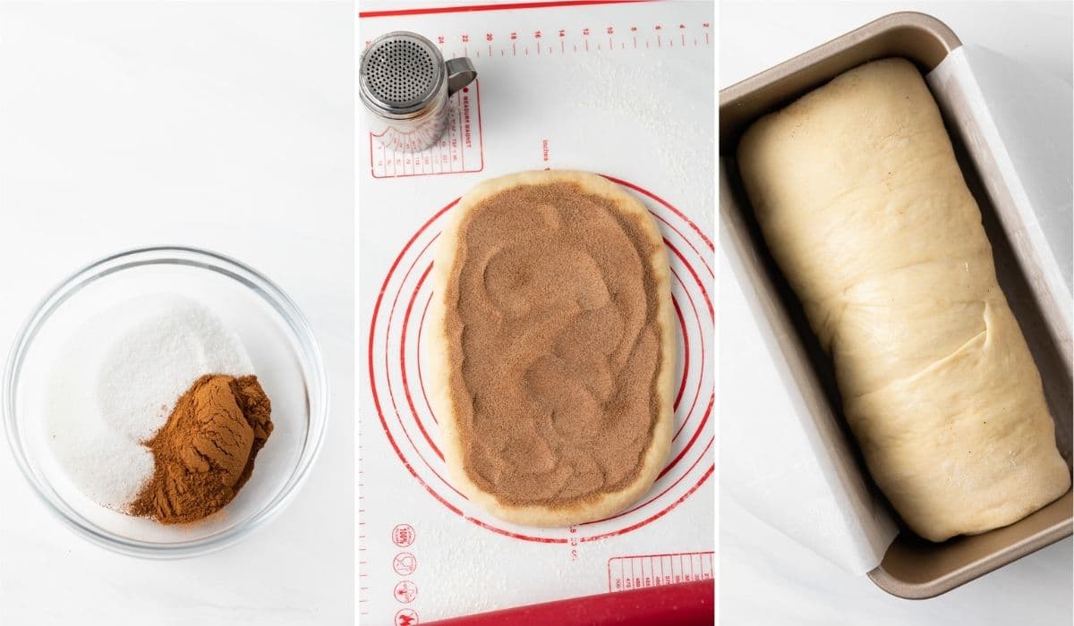 cinnamon and sugar in bowl, cinnamon and sugar spread over bread dough, unbaked bread loaf in loaf pan