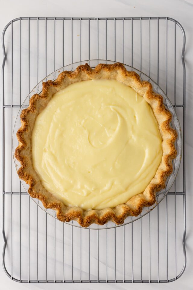 Coconut pudding in baked pie shell.