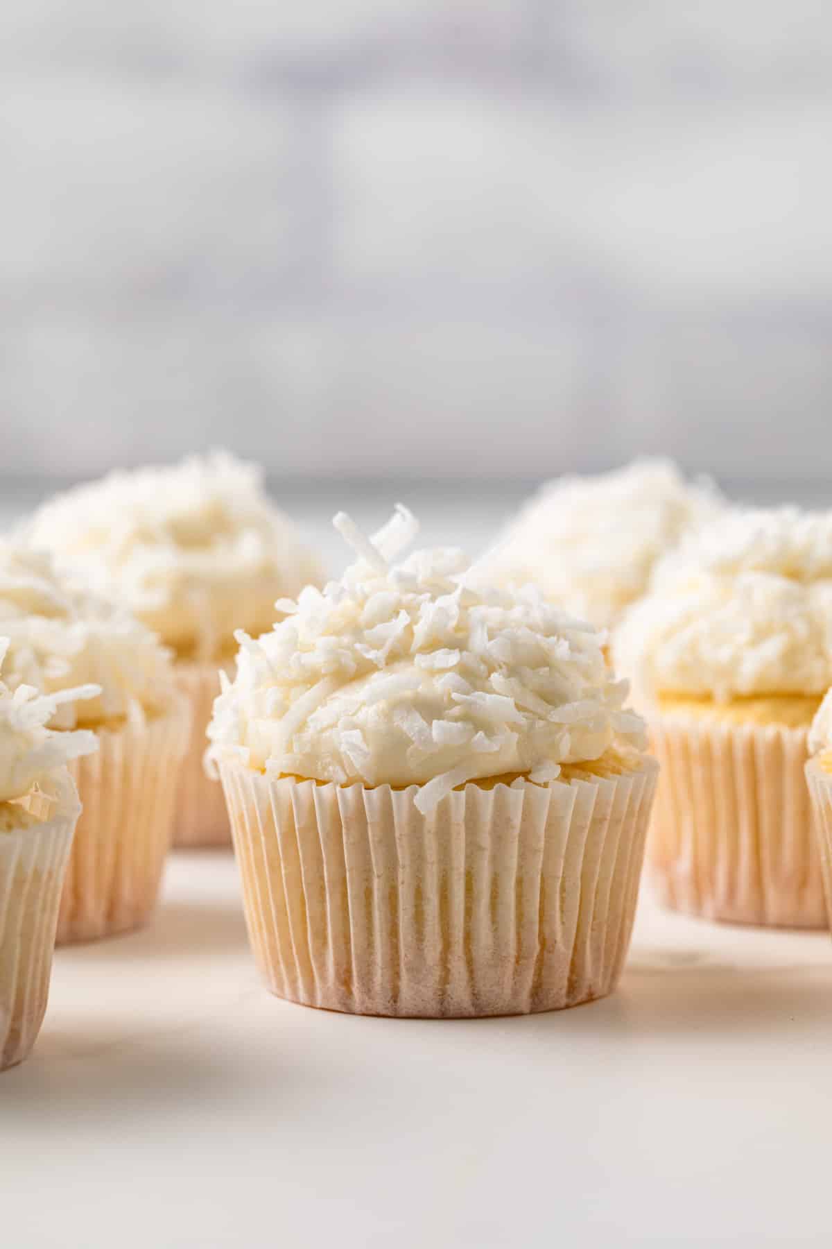Coconut Cupcakes on a table top.