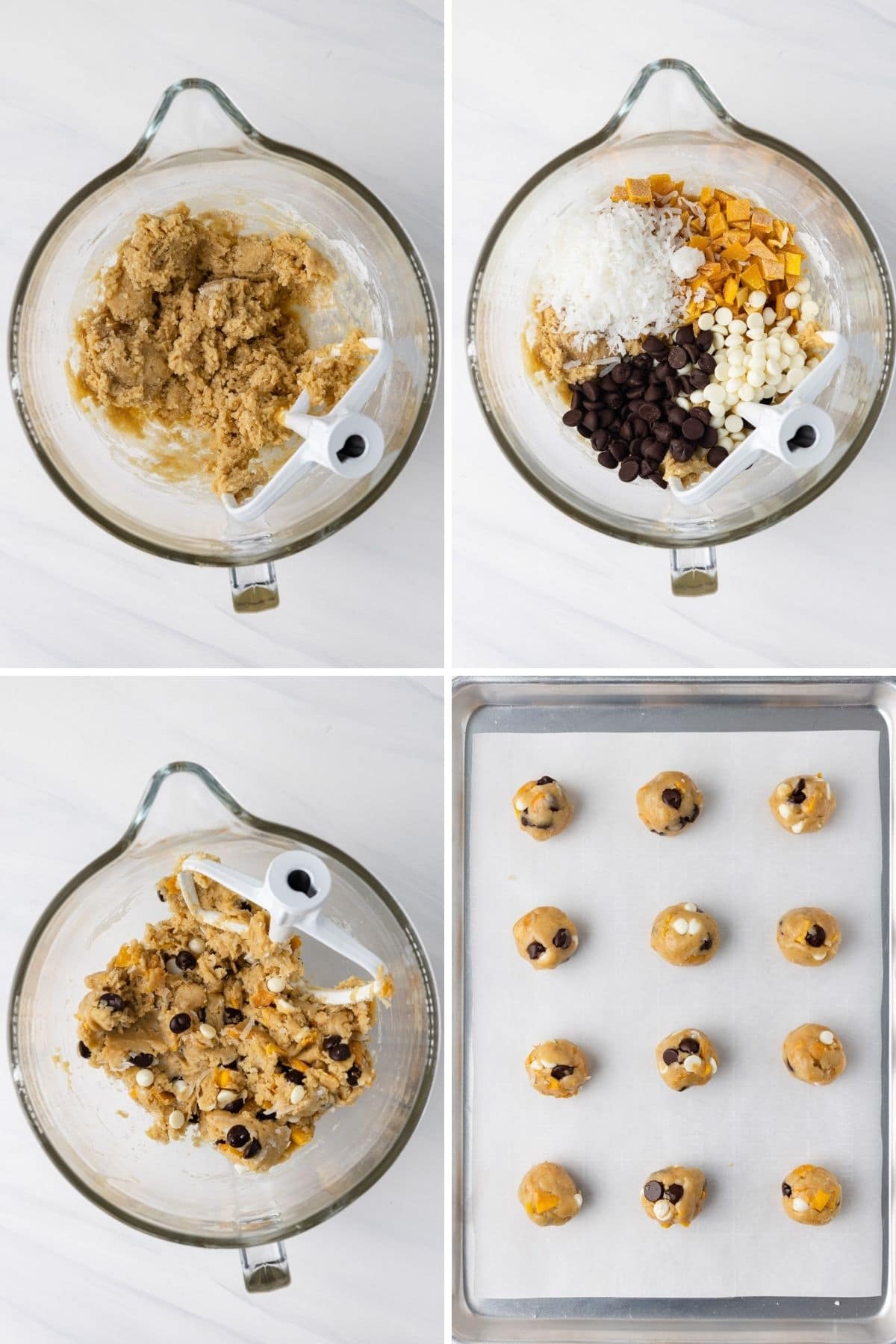 Process shots showing how to make coconut mango chocolate chip cookies.