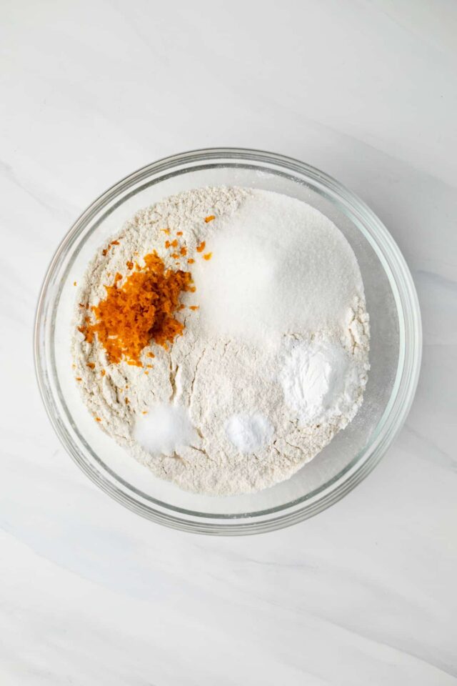 Dry orange scones ingredients in a bowl