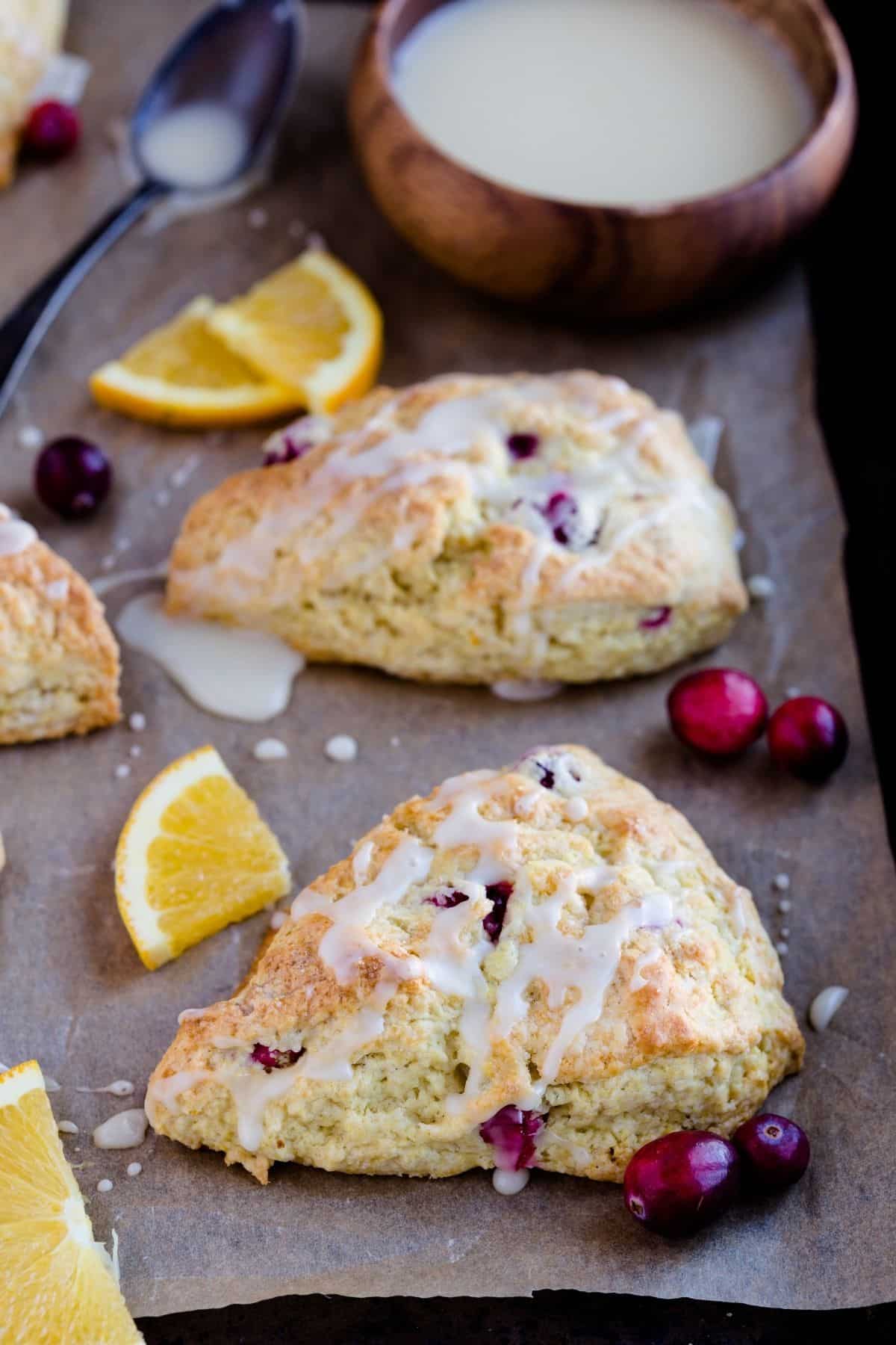 Cranberry Orange Scones on brown paper