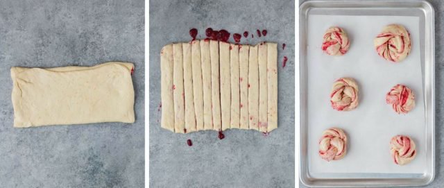 Step by step images showing how to fold, cut, and shape cranberry orange sweet rolls.