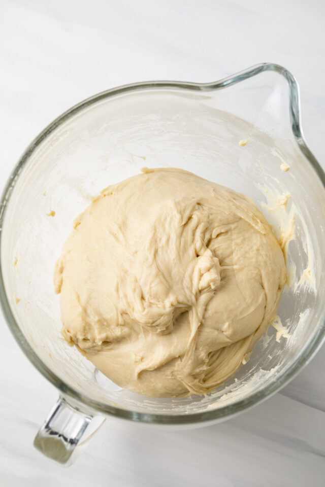 Dinner roll dough in a mixing bowl