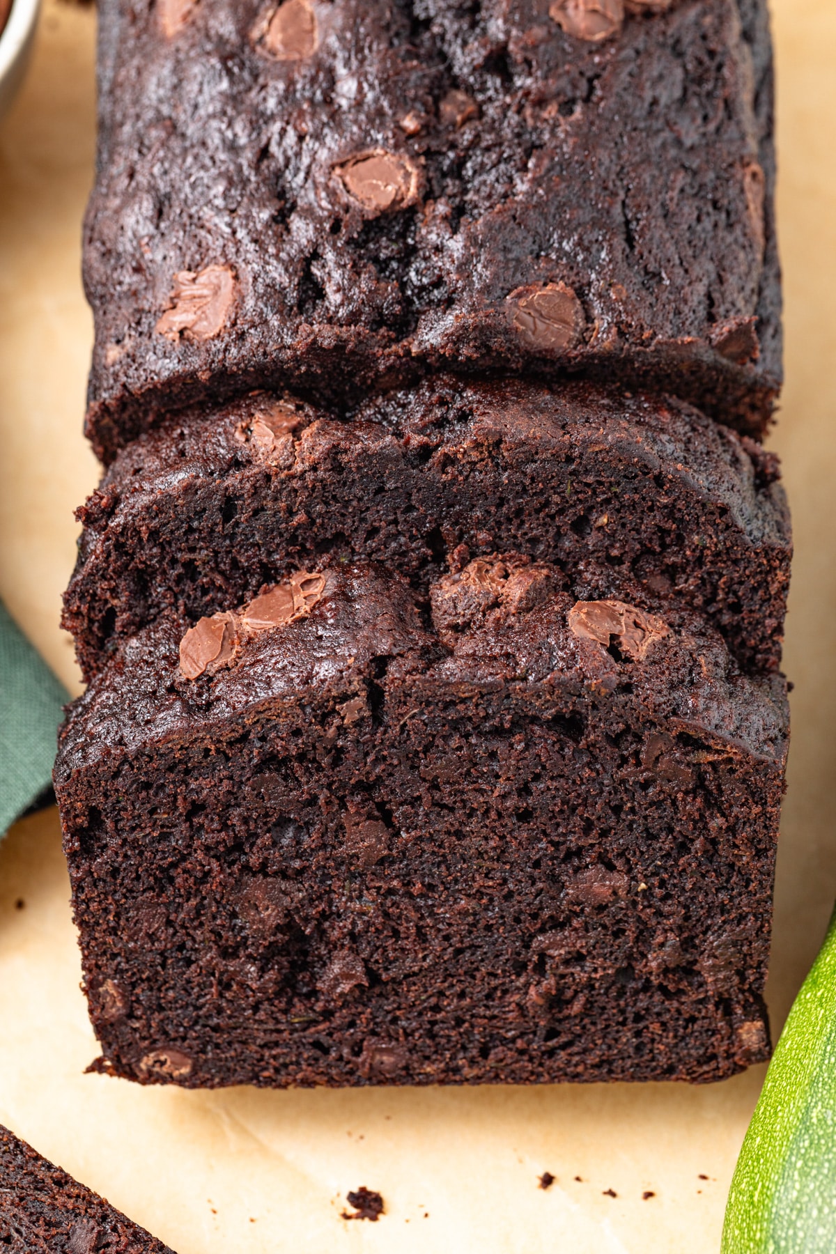 Close up view of sliced double chocolate zucchini bread.