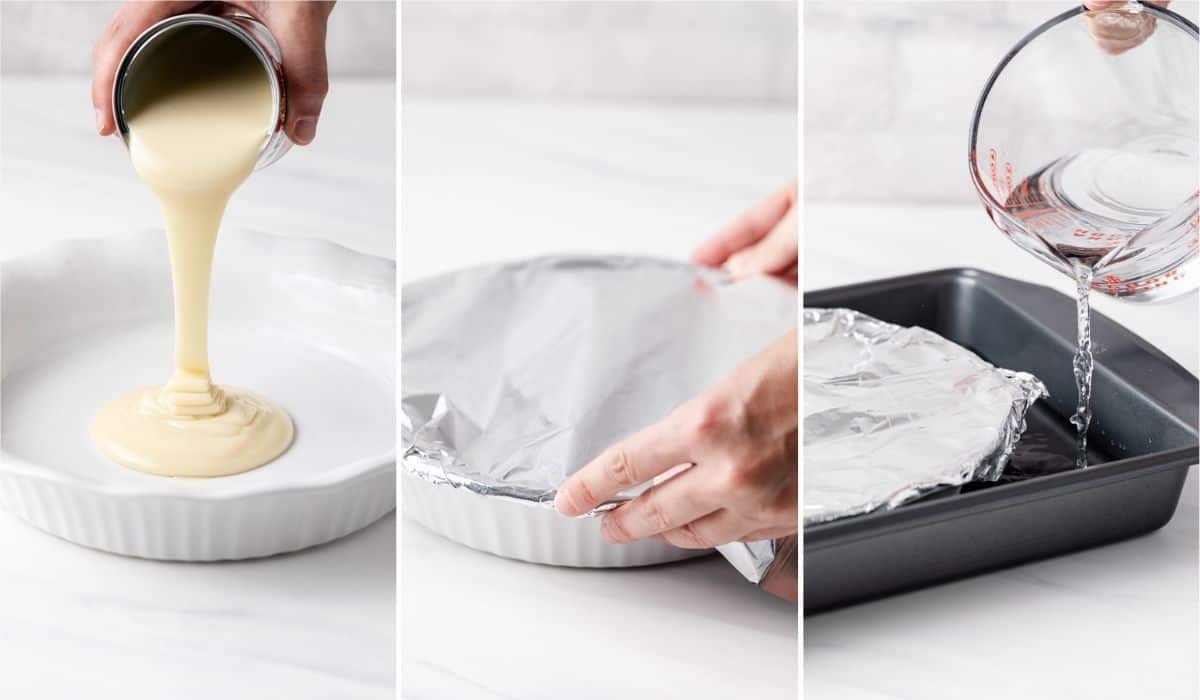 sweetened condensed milk poured into white pie plate, foil being put over the pie plate, foil covered pie plate in roasting pan with water being poured in