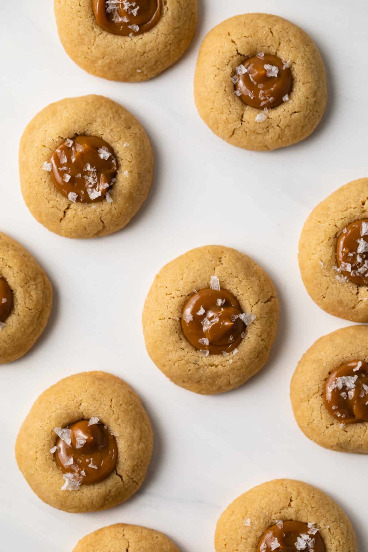 Overhead view of salted dulce de leche thumbprint cookies