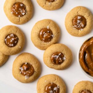 Overhead view of dulce de leche thumbprint cookies