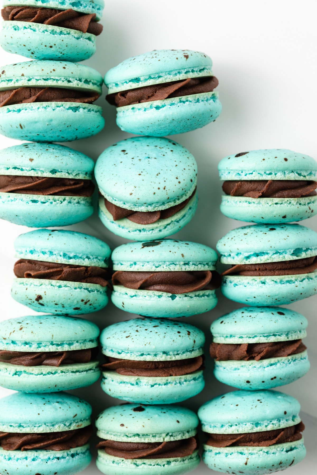 Easter macarons arranged on a white background.