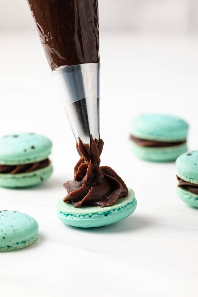 Piping ganache onto macaron shells.