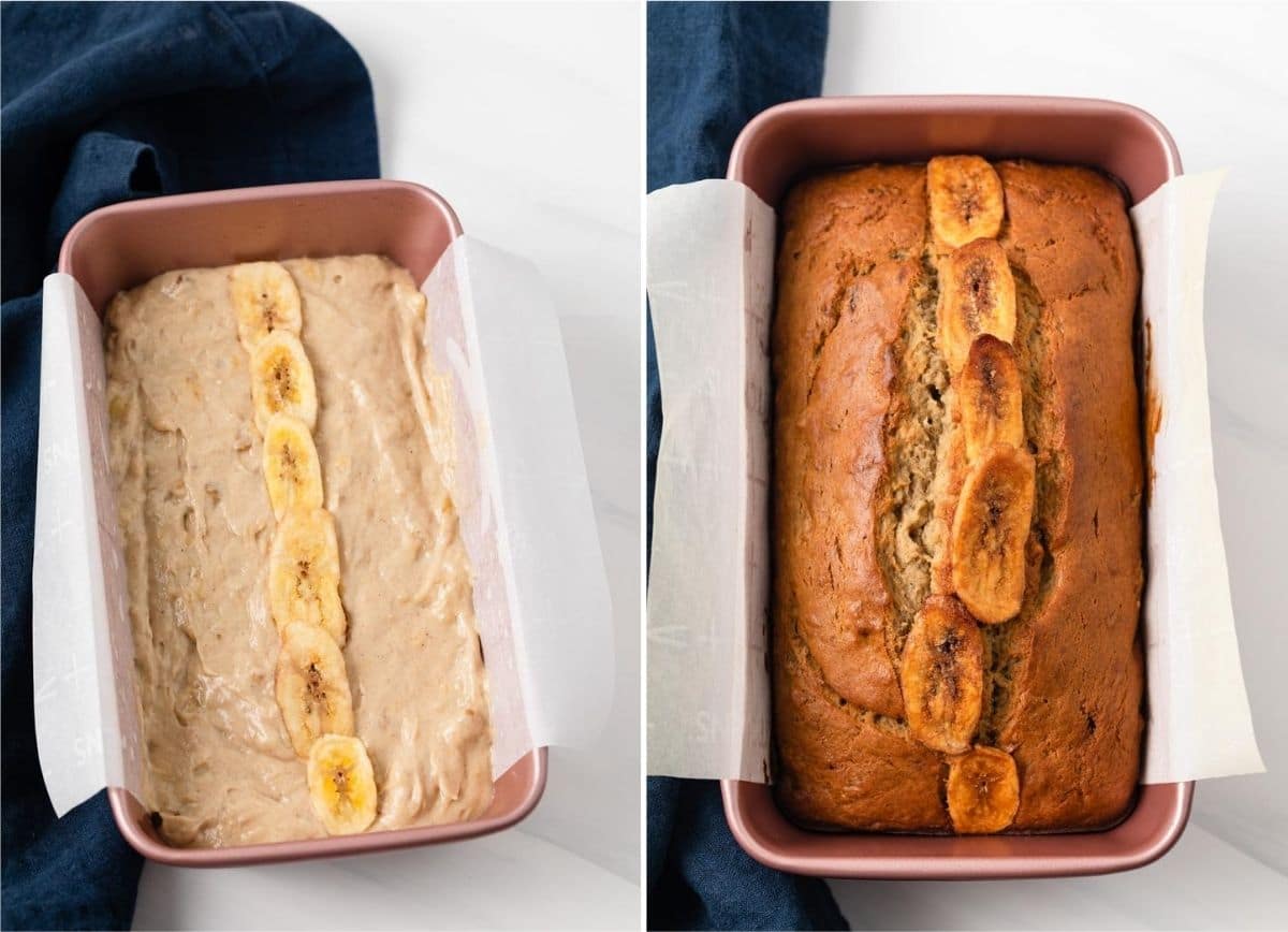 side by side photos showing banana bread batter in pink loaf pan and baked banana bread in loaf pan