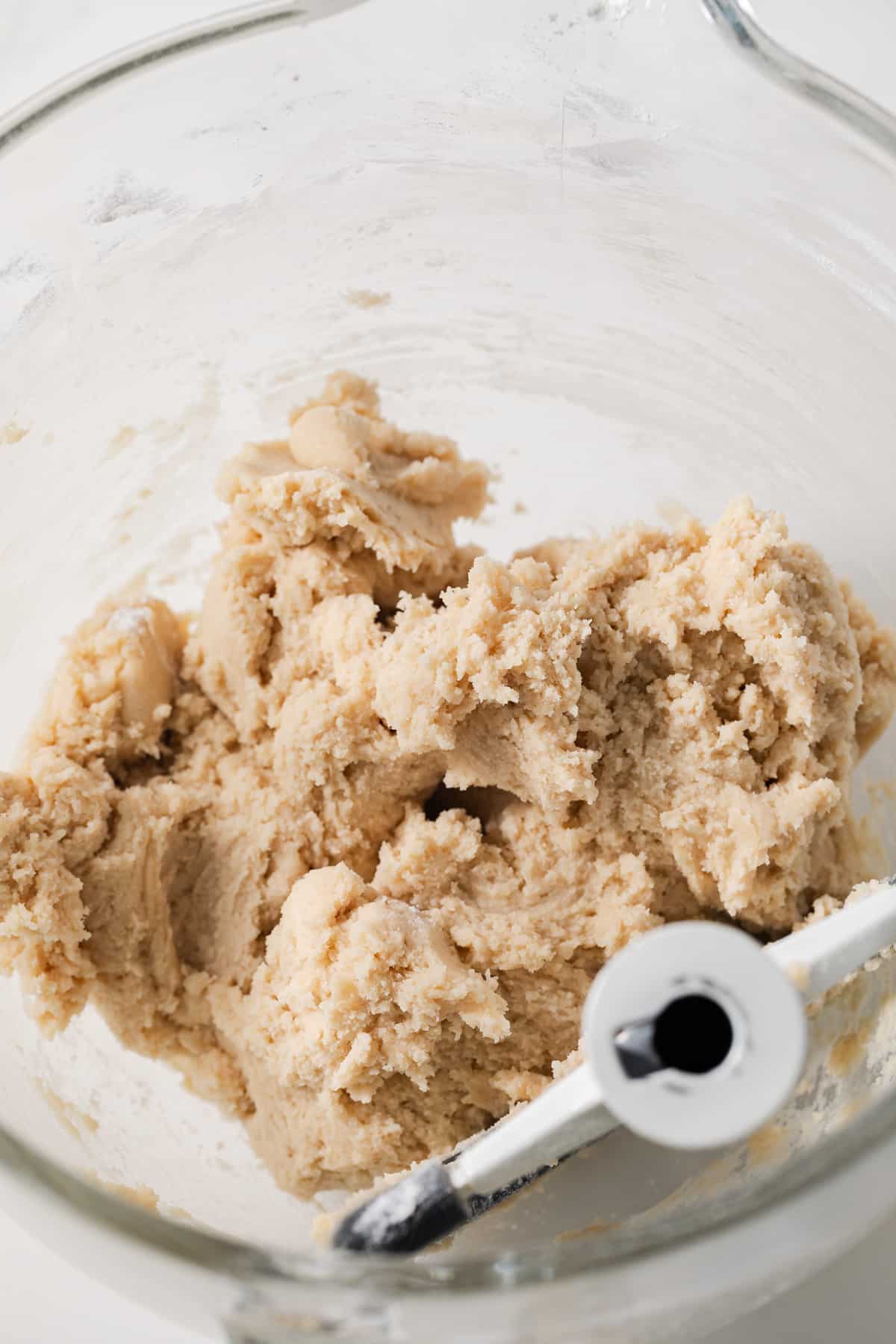 Cookie dough in a glass bowl.