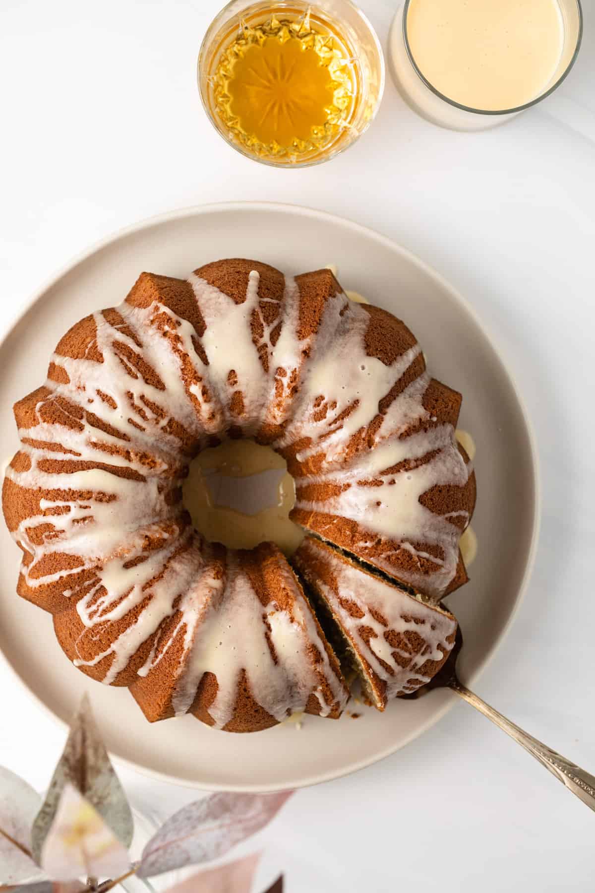 Overhead view of an eggnog bundt cake with rum glaze