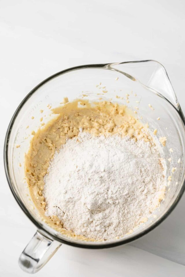 Dry ingredients being mixed into wet ingredients