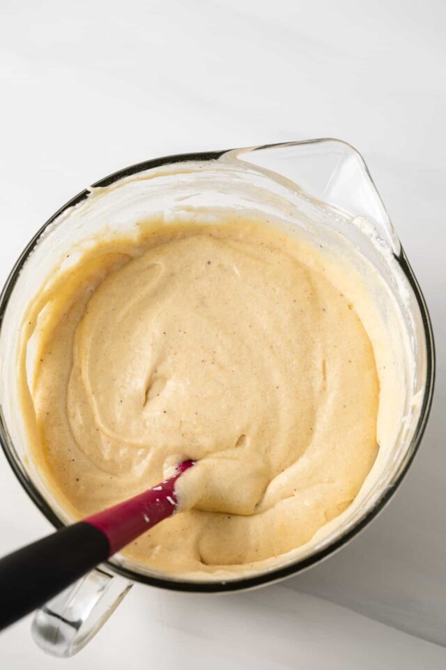 Bundt cake batter in a mixing bowl