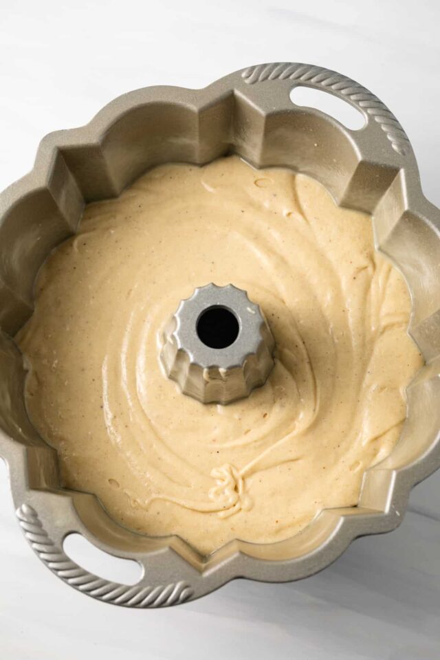 Eggnog bundt cake ready to bake