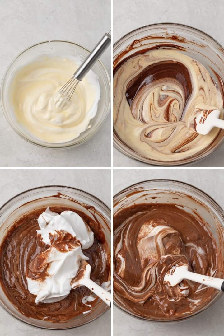whipped egg whites being folded into egg yolks and then into chocolate