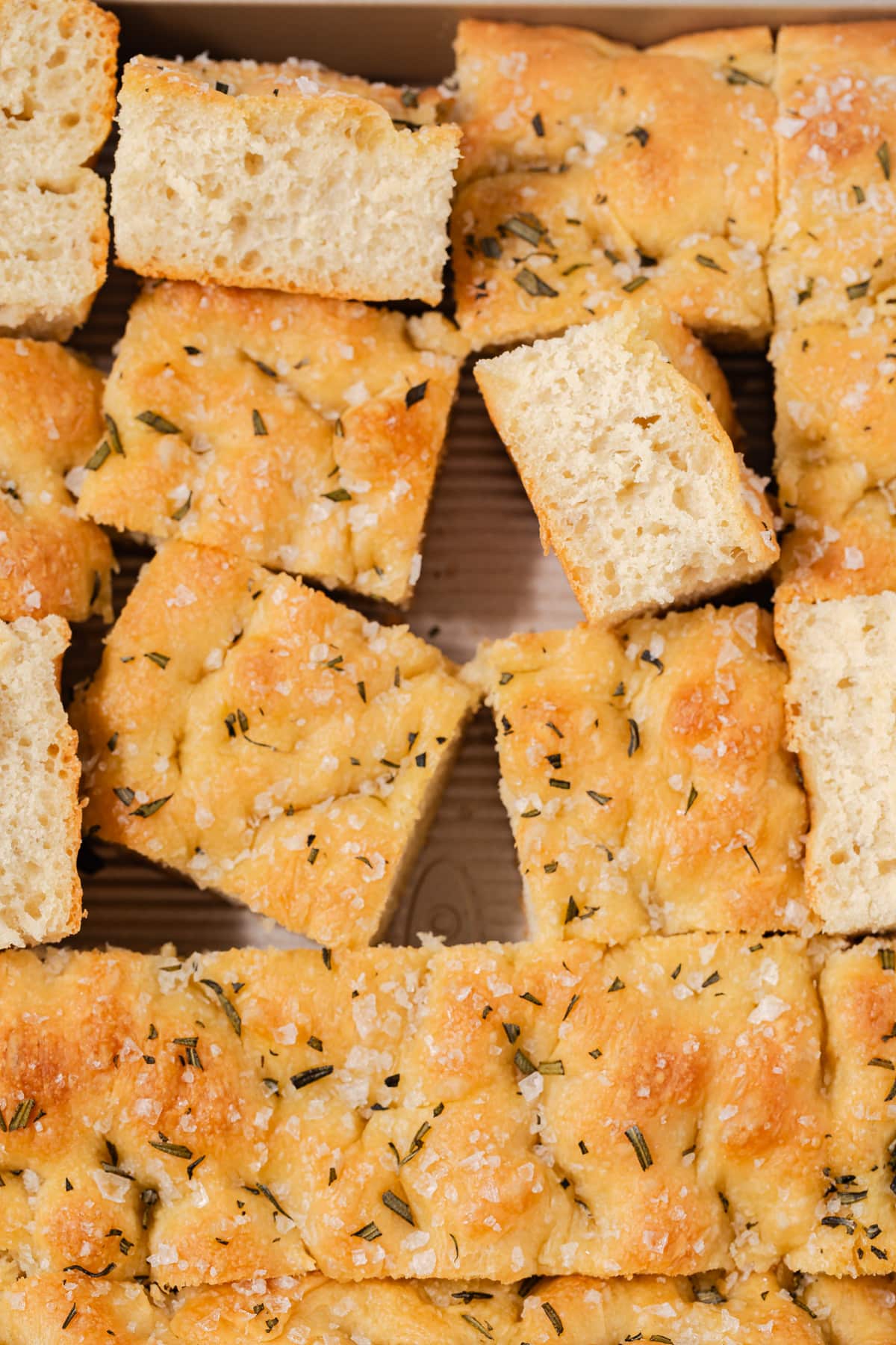Close up of sliced focaccia bread.