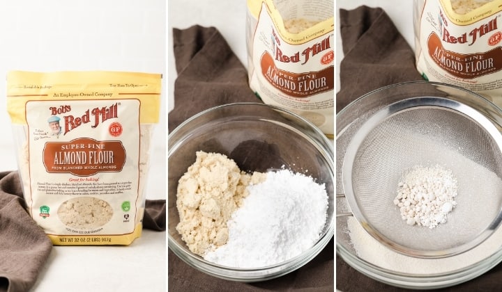 process shots for sifting together almond flour and confectioner's sugar