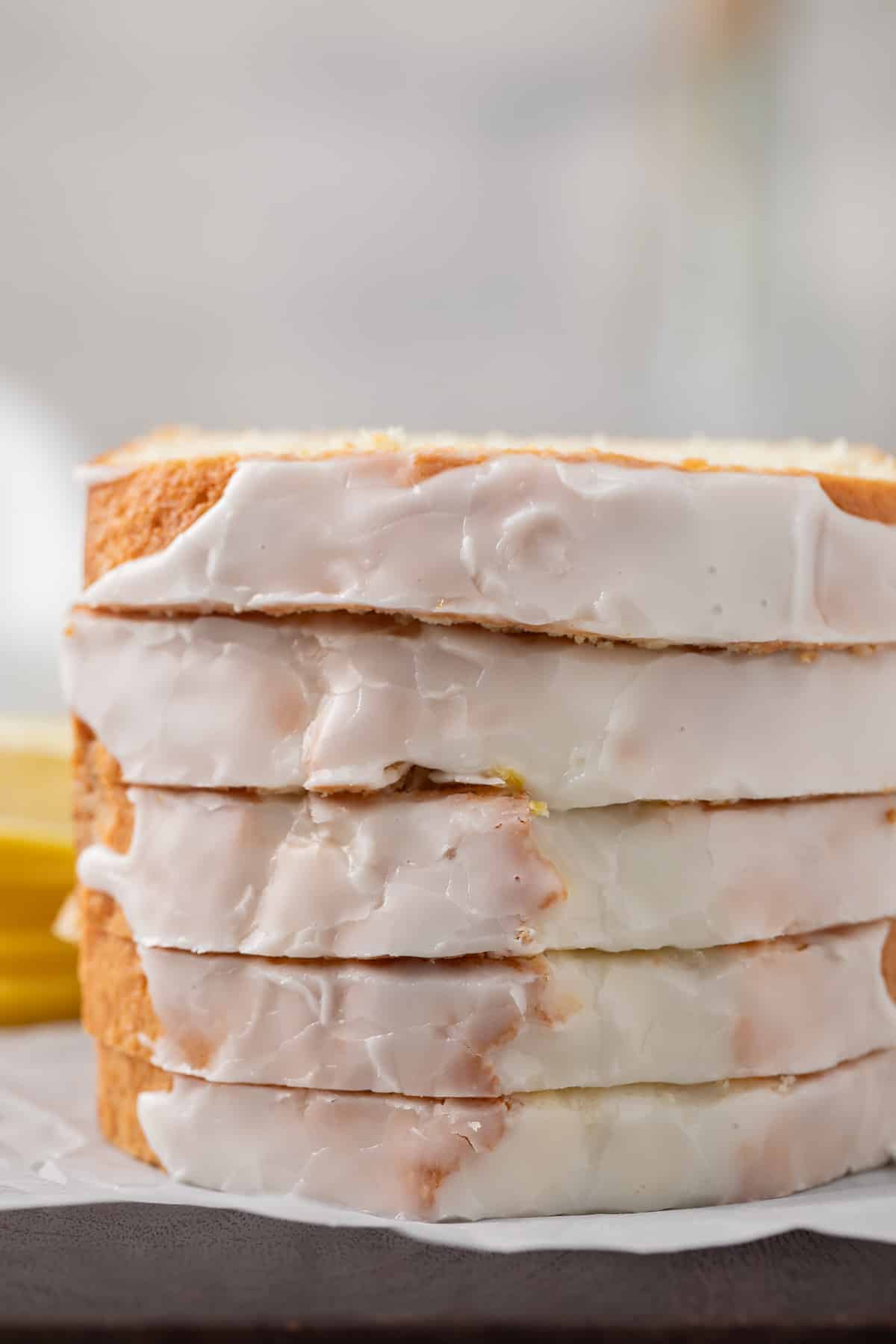 Slices of lemon bread stacked.
