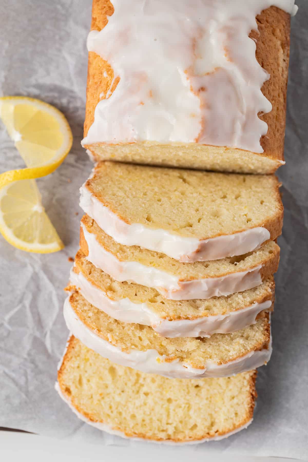 Overhead of sliced lemon bread.