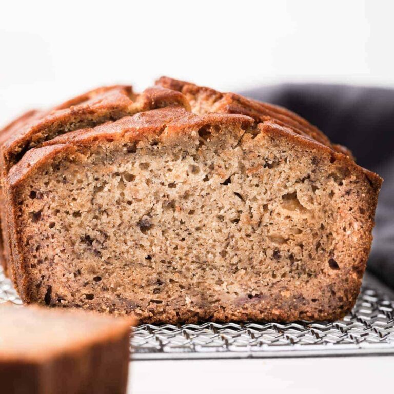 close up of a slice of banana bread make with gluten free flour