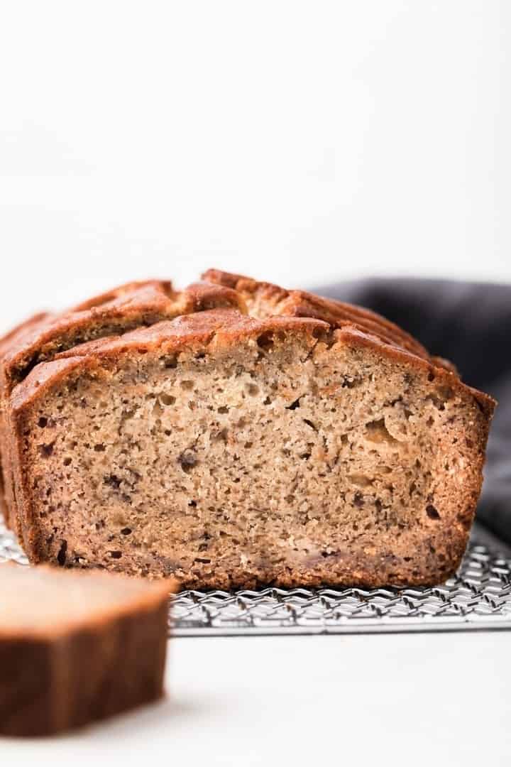 close up of a slice of banana bread make with gluten free flour