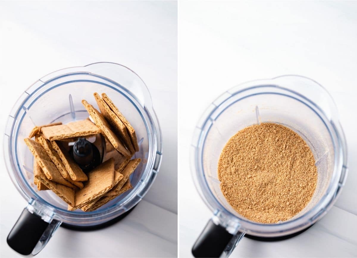 graham crackers in a blender pitcher next to graham cracker crumbs in a blender pitcher