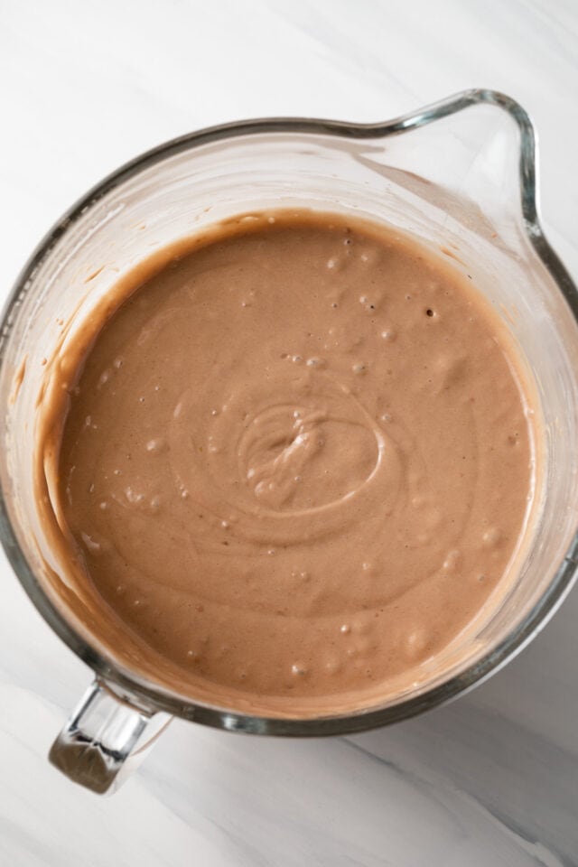 Cake batter in glass bowl.