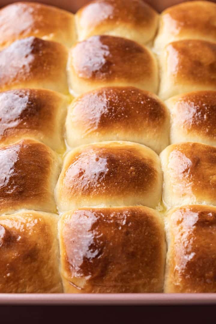 angled view of Hawaiian Sweet Rolls in pan