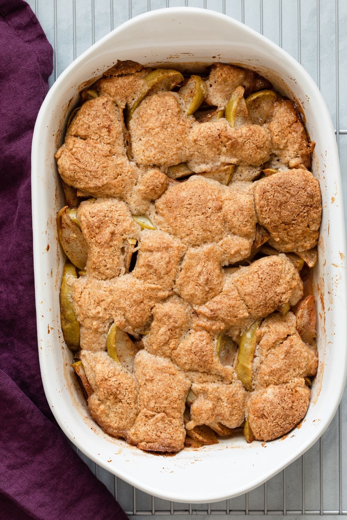 overhead view of fresh baked apple cobbler