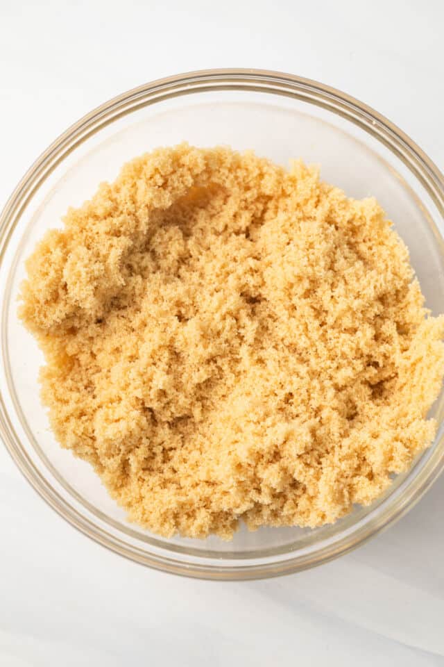 Overhead of homemade brown sugar in glass bowl.
