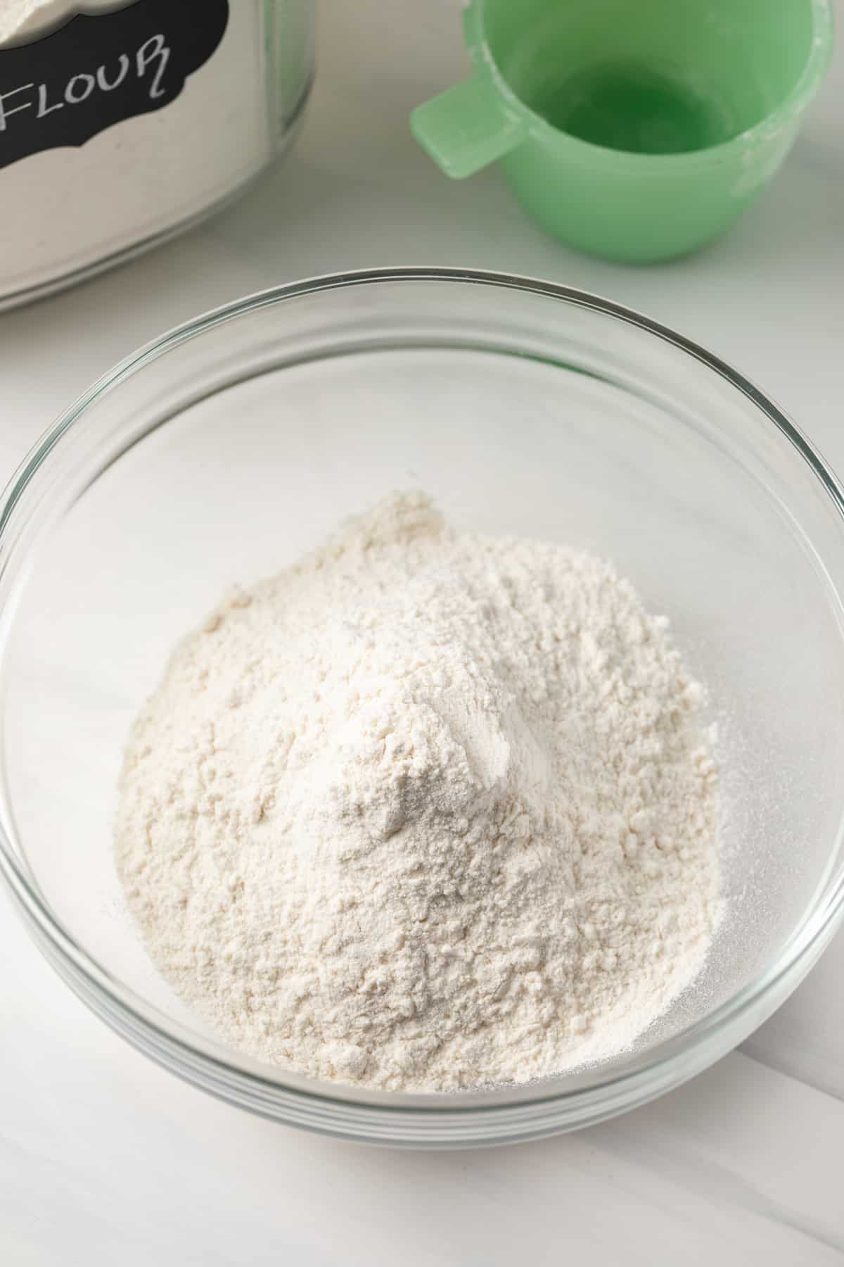 Homemade cake flour in glass bowl.