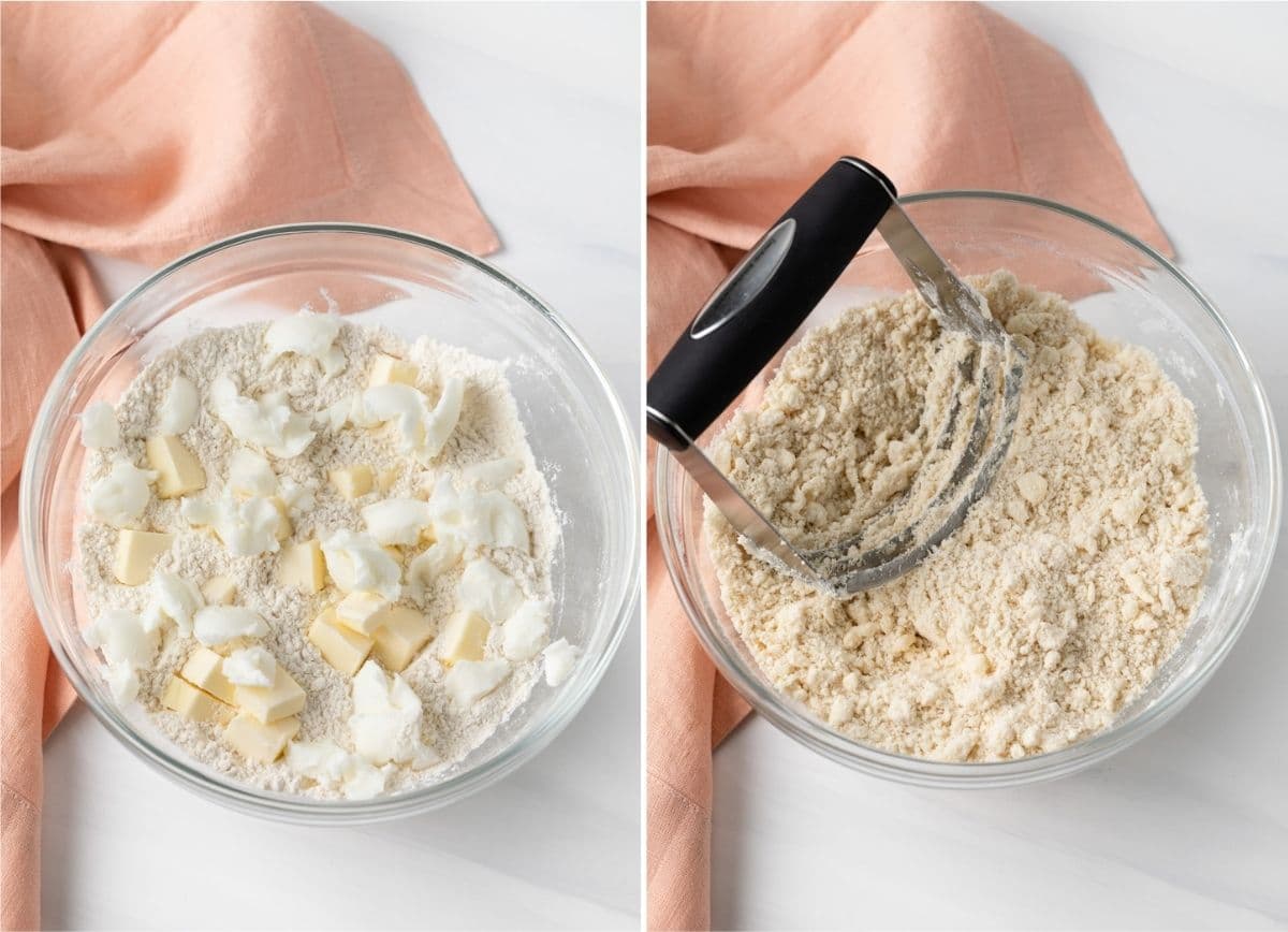 photo of butter and shortening in bowl with flour next to photo of butter and shortening cut into flour with pastry cutter