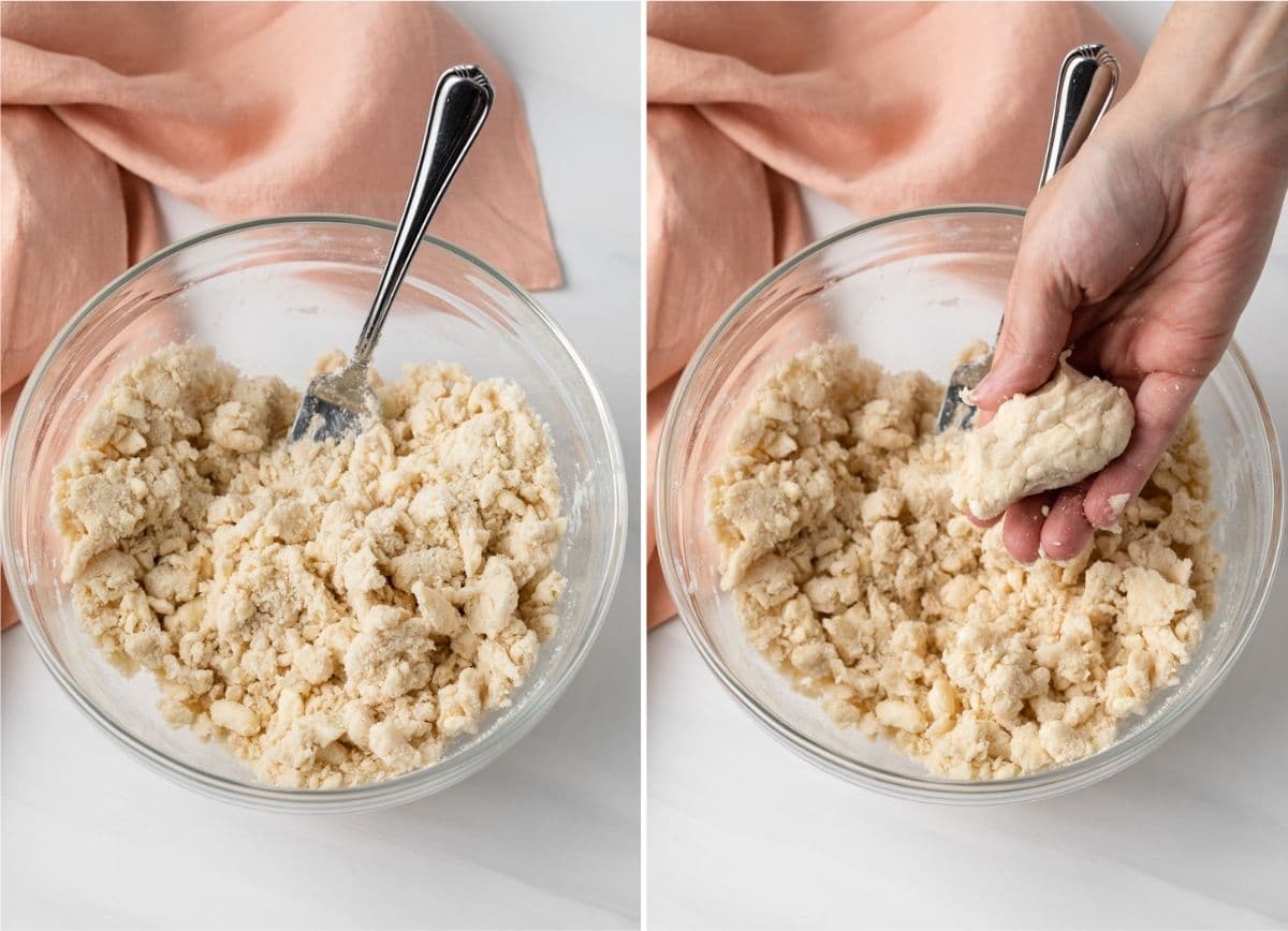 image of moistened pastry dough in bowl with fork next to image of hand squeezing dough together to show texture